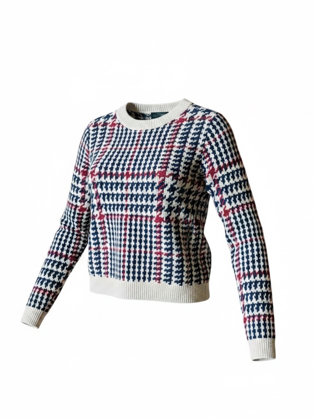 Zara Houndstooth Crewneck Sweater - White, Navy & Red